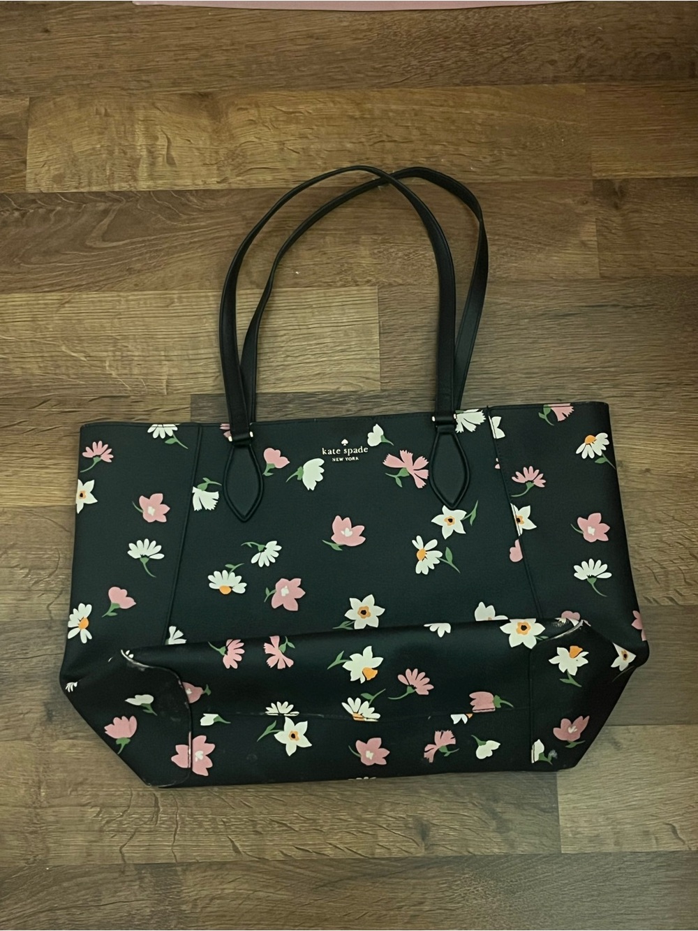 kate spade black floral print tote with pink and white blooms